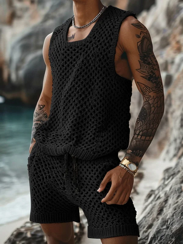 Men's Casual Hollow Out Knit Tank Top Drawstring Shorts Matching Set