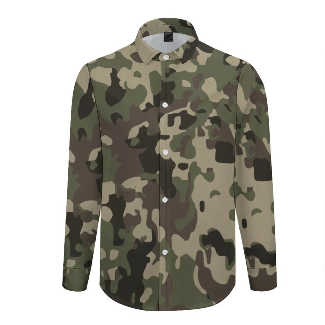 Camouflage Army Green Men Floral Dress Shirts Casual Button-Down Long Sleeve Printed Shirts