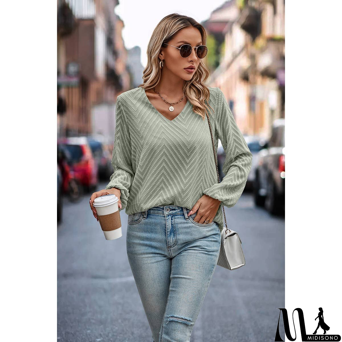 MidiSono - Chevron V Neck Long Sleeve Loose Top