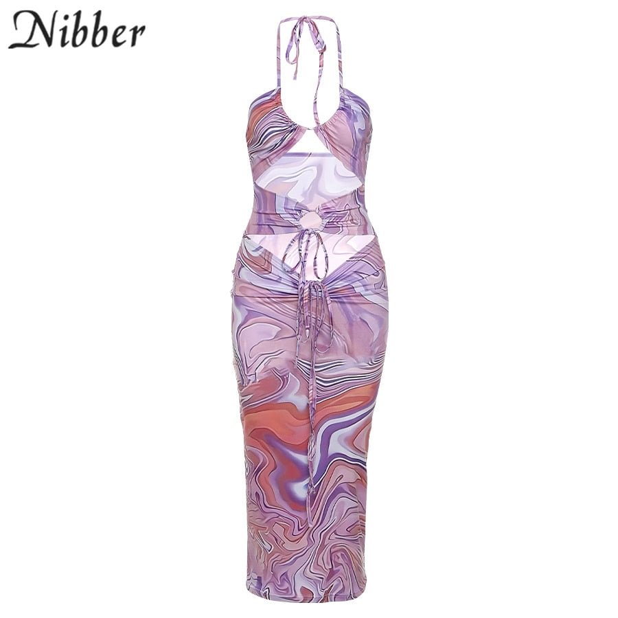 Nibber 2021 Summer Y2K Chiffon Printing Sexy Elegance Bandage Maxi Dress Women Fairy See Through Hollow Sleeveless Boho Dresses