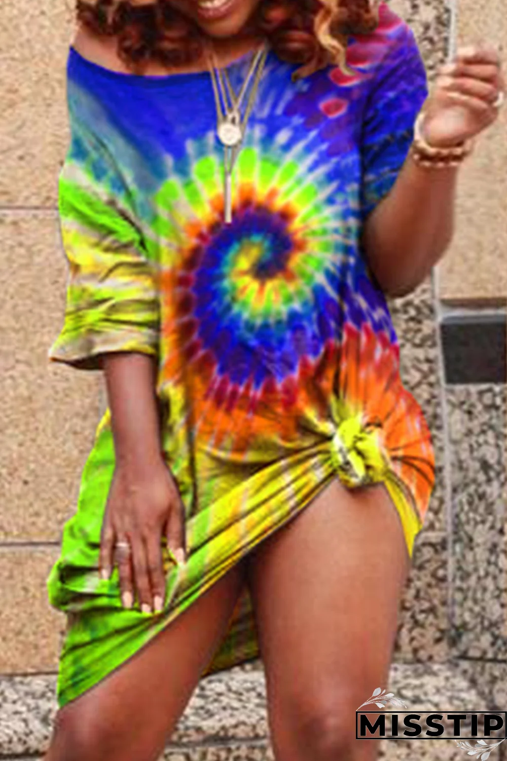 Hide Blue Fashion Casual Tie Dye O Neck Plus Size Dresses