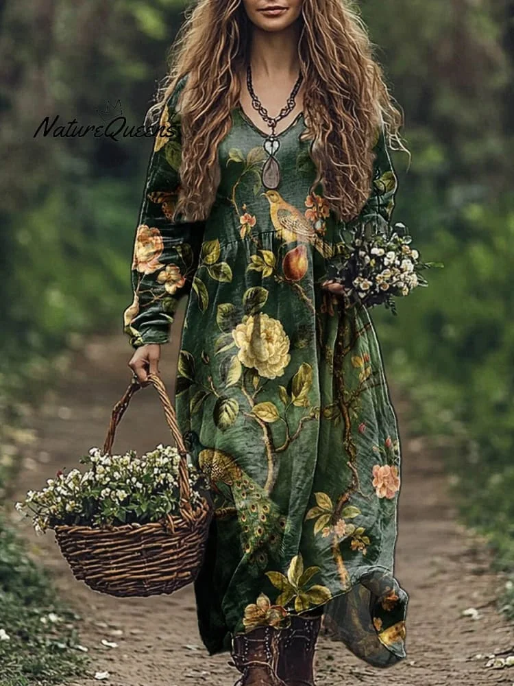 Women's Vintage Lovely Floral Birds Art Print Pocket Cotton Dress