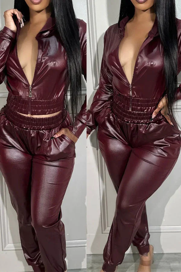 Solid Color Hooded On-trend PU Pant Suit