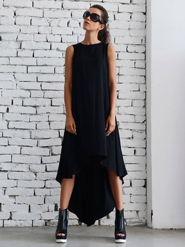 Casual Black High-Low Sleeveless Round-Neck Maxi Dress