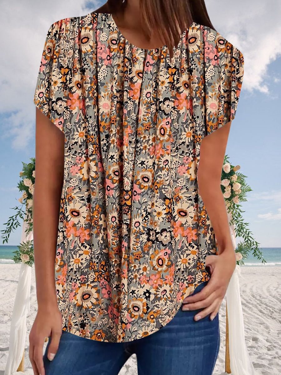 Women Short Sleeve Scoop Neck Floral Printed Tops