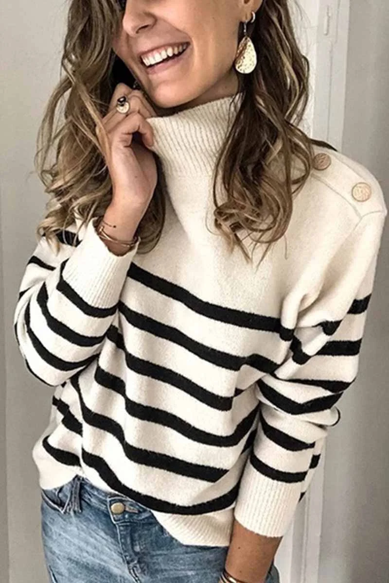 Fashion Button Design Striped Sweater