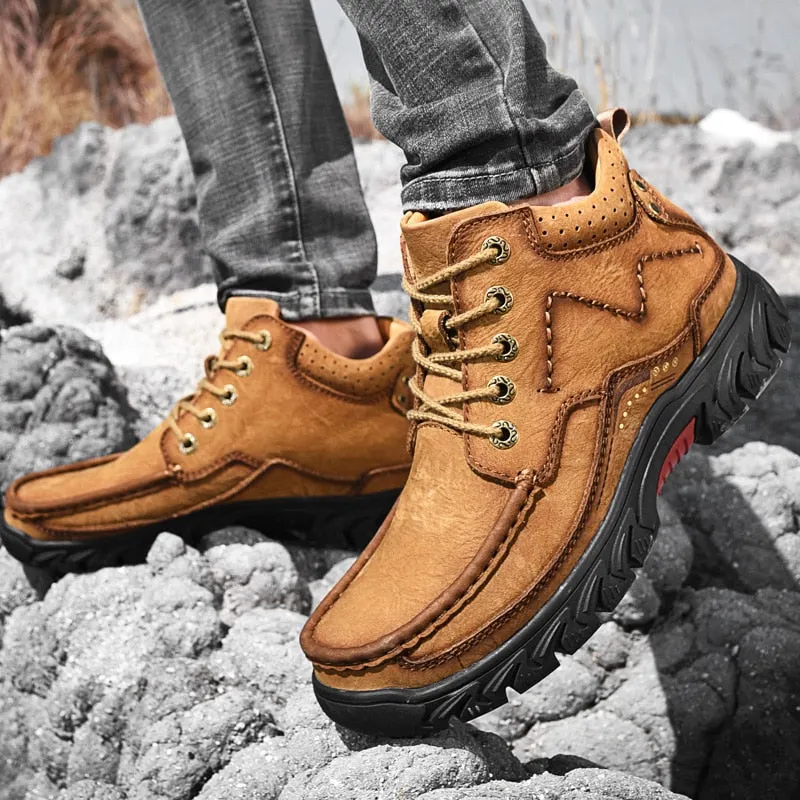 Men ankle Boots Fur Warm genuine Leather winter boots lace up Outdoor Walking Mountain waterproof plush men snow boots