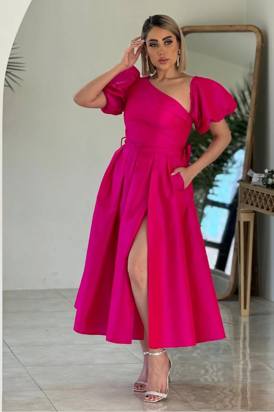 Lvs&Broner One Shoulder Bubble Sleeves A Line Prom Dress With Split Pockets