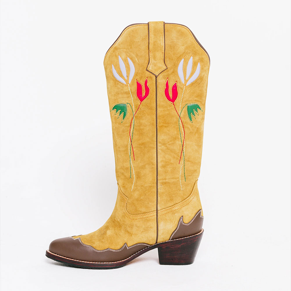 Yellow Block Heel Flower Inlay Snip Toe Women's Cowgirl Boots Nicepairs