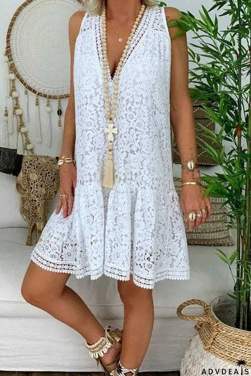 Lace Ruffle V-Neck Loose Mini Dress