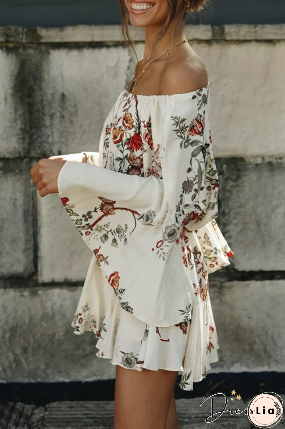 Fashion Casual Floral Split Joint Frenulum Off the Shoulder A Line Dresses