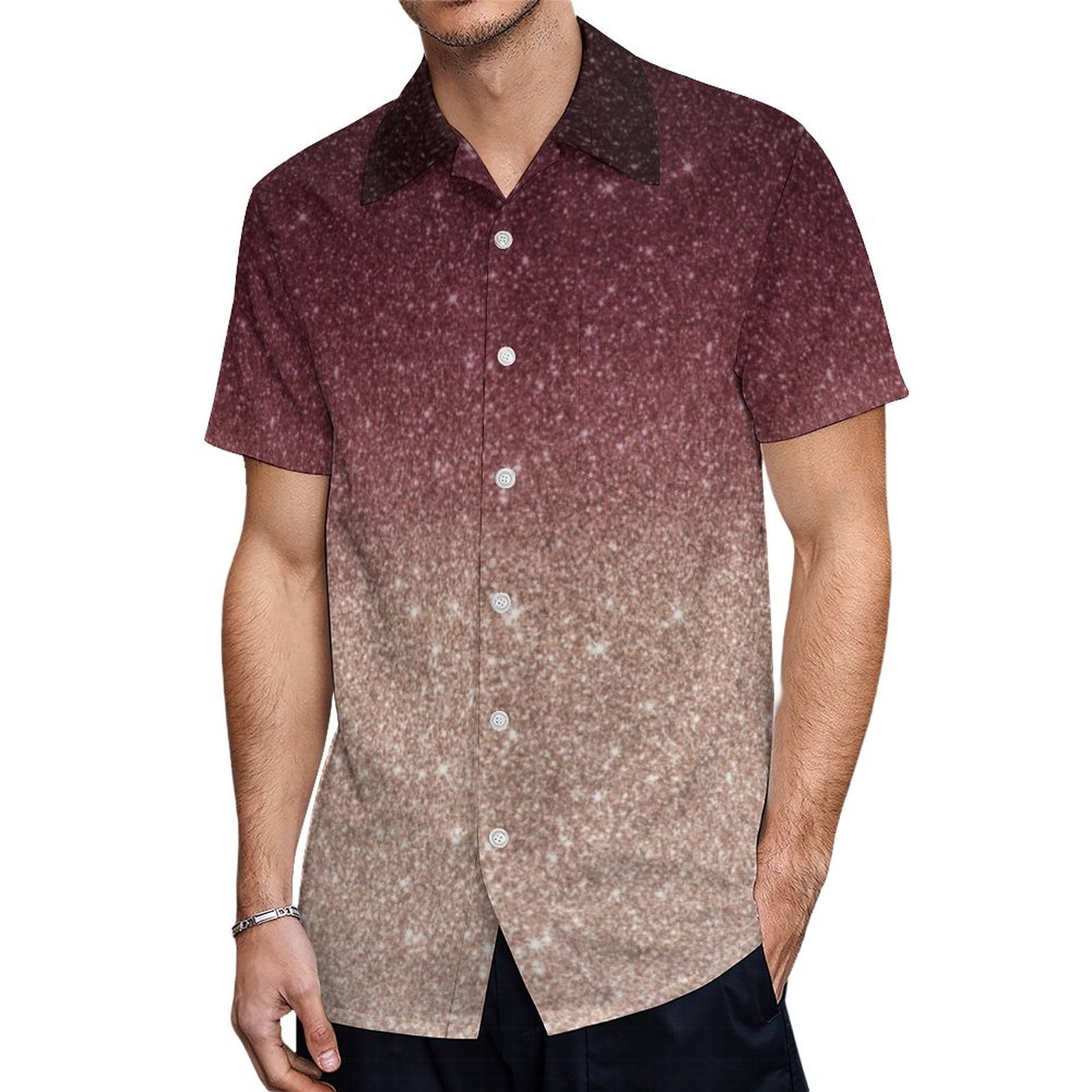 Modern Burgundy Rose Gold Glitter Ombre Hawaiian Shirt Mens Button Down Plus Size Tropical Hawaii Beach Shirts