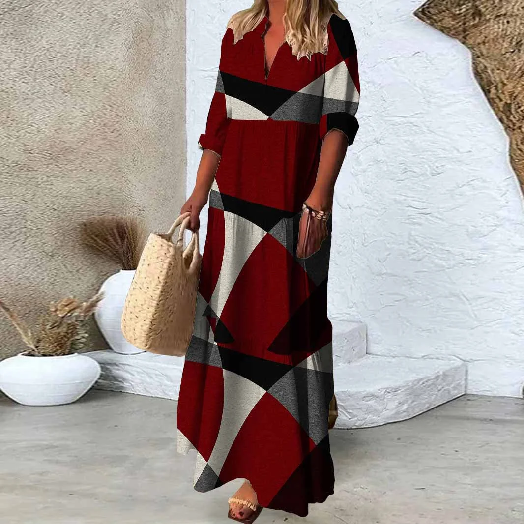 Women Abstract, Geometric, Red, Black DZDN0801 SPU Printed Long Sleeve V-neck Maxi Dress
