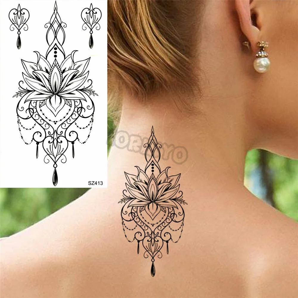 Black Dandelion Temporary Tattoos For Women Girls Realistic Henna Thorn Daisy Fake Tattoo Sticker Waterproof Leg Body Tatoos