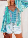 Floral Print V-Neck Long Sleeve Loose Casual T-Shirt Top