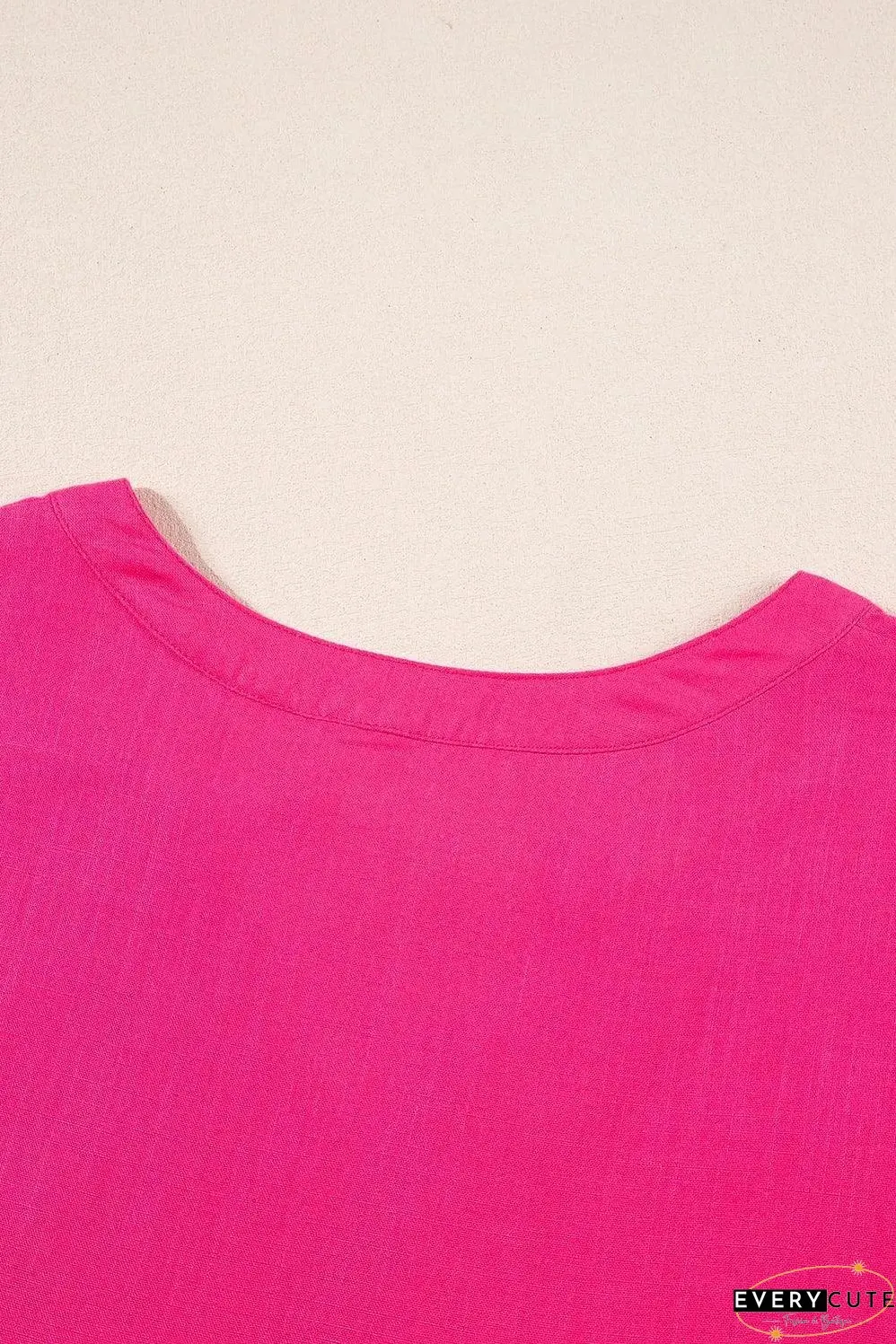 Strawberry Pink Geometric Embroidered Tassel Tie V Neck Blouse
