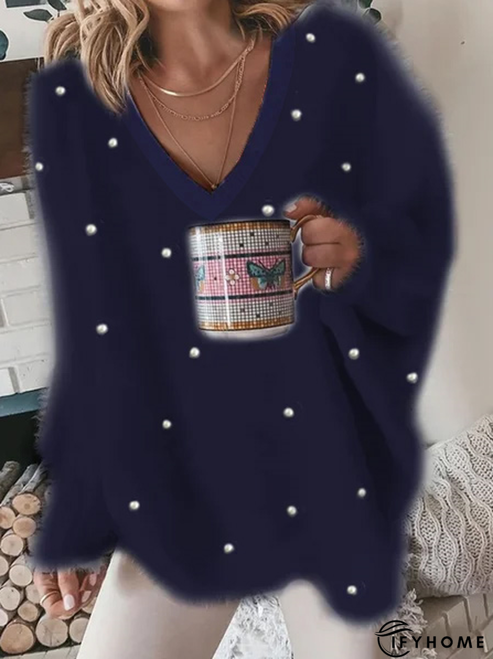 V Neck Casual Plain Pearl Fuzzy Tunic Sweater Knit Jumper | IFYHOME