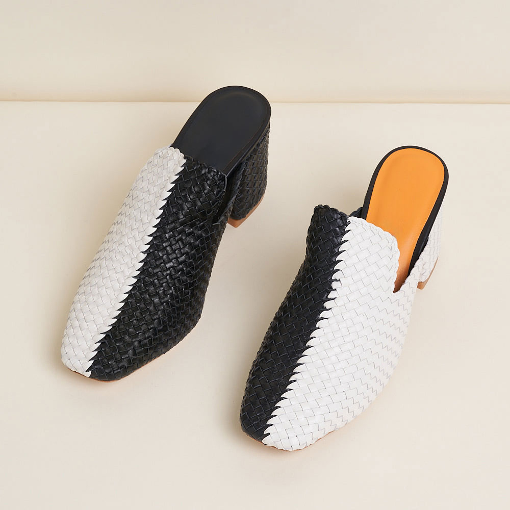 Black & White Square Toe 3'' Chunky Heel Comfy Mules for Women Nicepairs