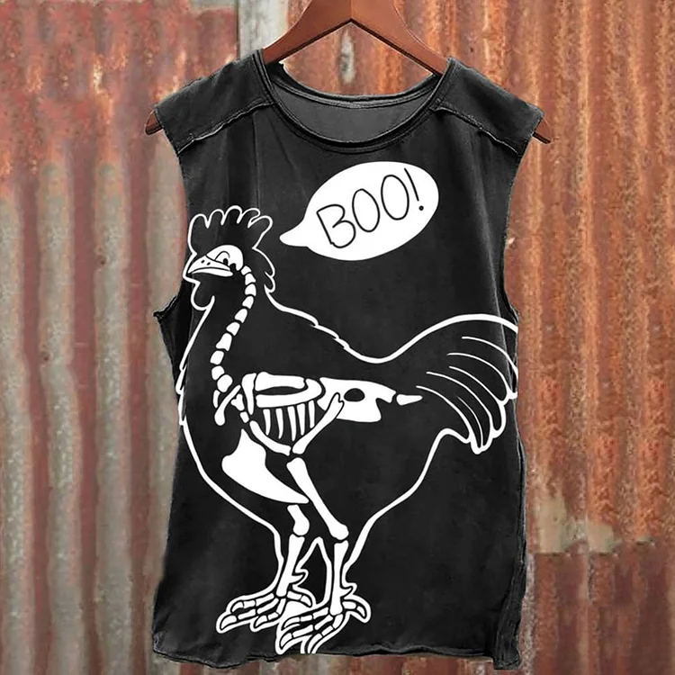 Comstylish Unisex Vintage Funny Halloween BOO Chicken Skeleton Print Tank Top