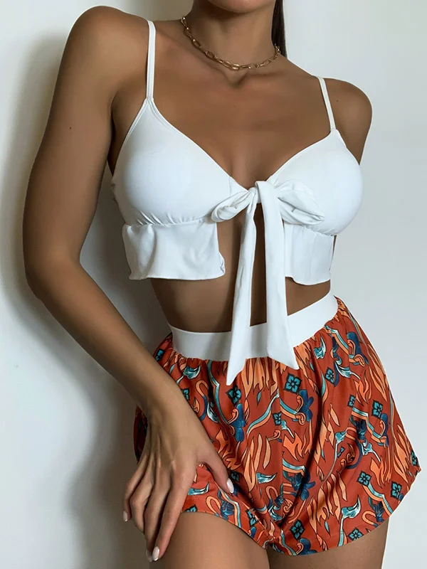 Spaghetti-Neck Bow-Knot Bralette Split Bikini Swimsuit+Shorts Three-Piece Set