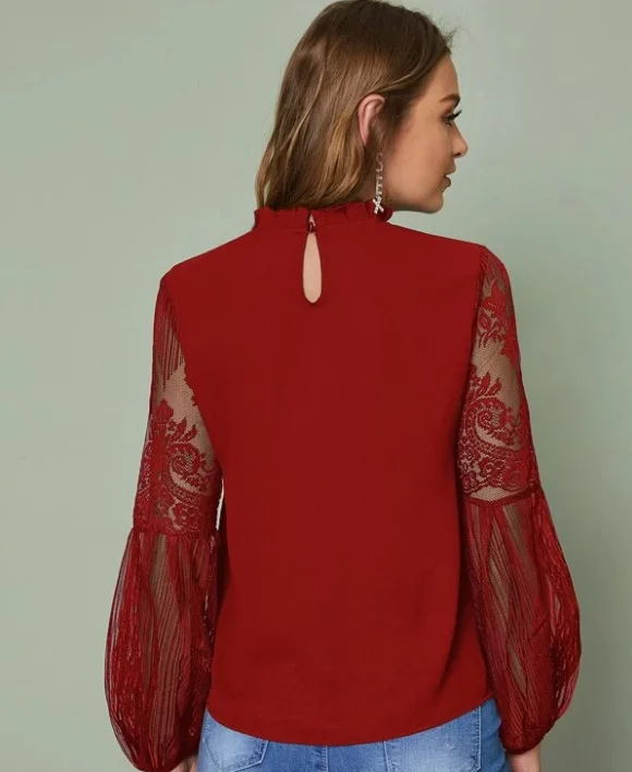 Nigikala Nigikala New 褶領透视 Tulle Lace Lantern Sleeve Temperament Blouse