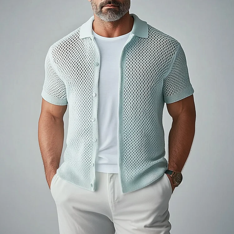 Men's Turndown Collar Button Knit Hollow Out Shirt