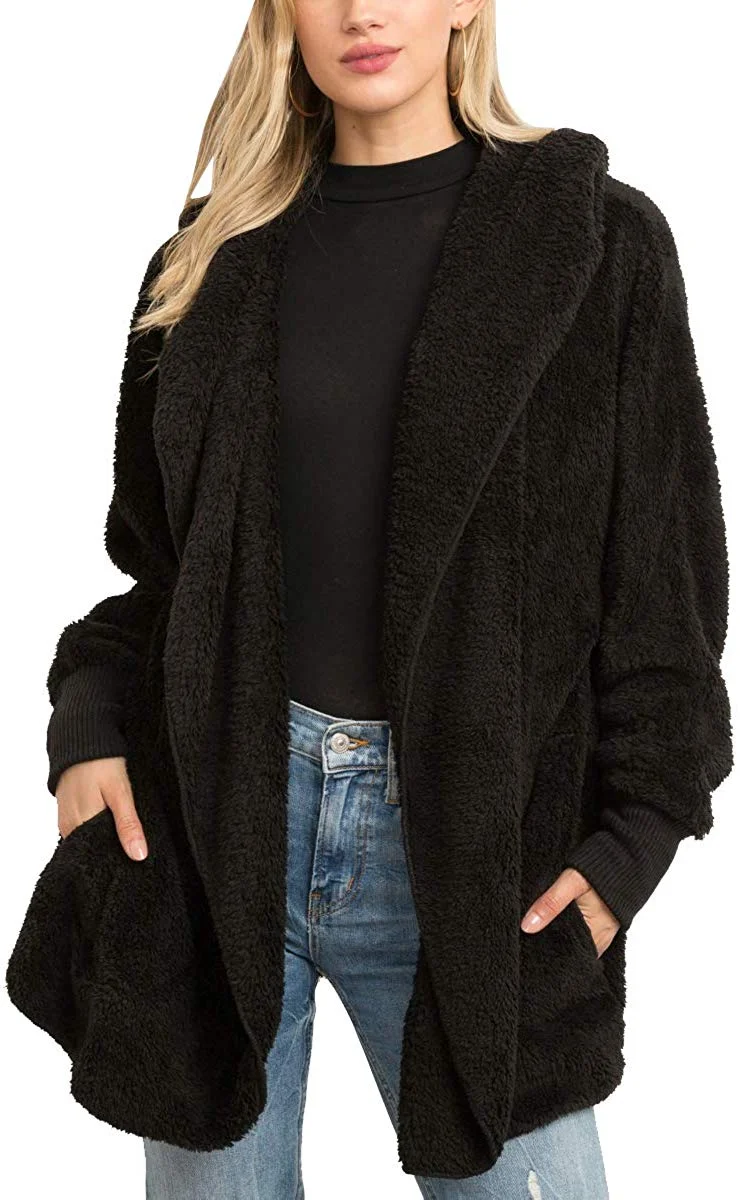 Women's Fashion Long Sleeve Hooded Open Front Fluffy Oversized Soft Fur Jacket with Pockets Cozy Warm Winter