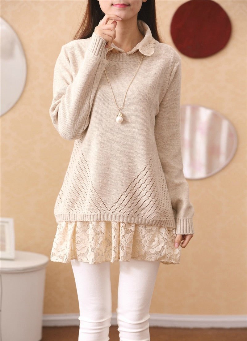 NiceMix Sweet Pullover Sweater Women 2020 Autumn Casual Sweater Lace Dress Set Back Hollow Out Bow Patch Plus Size Long Sweaters
