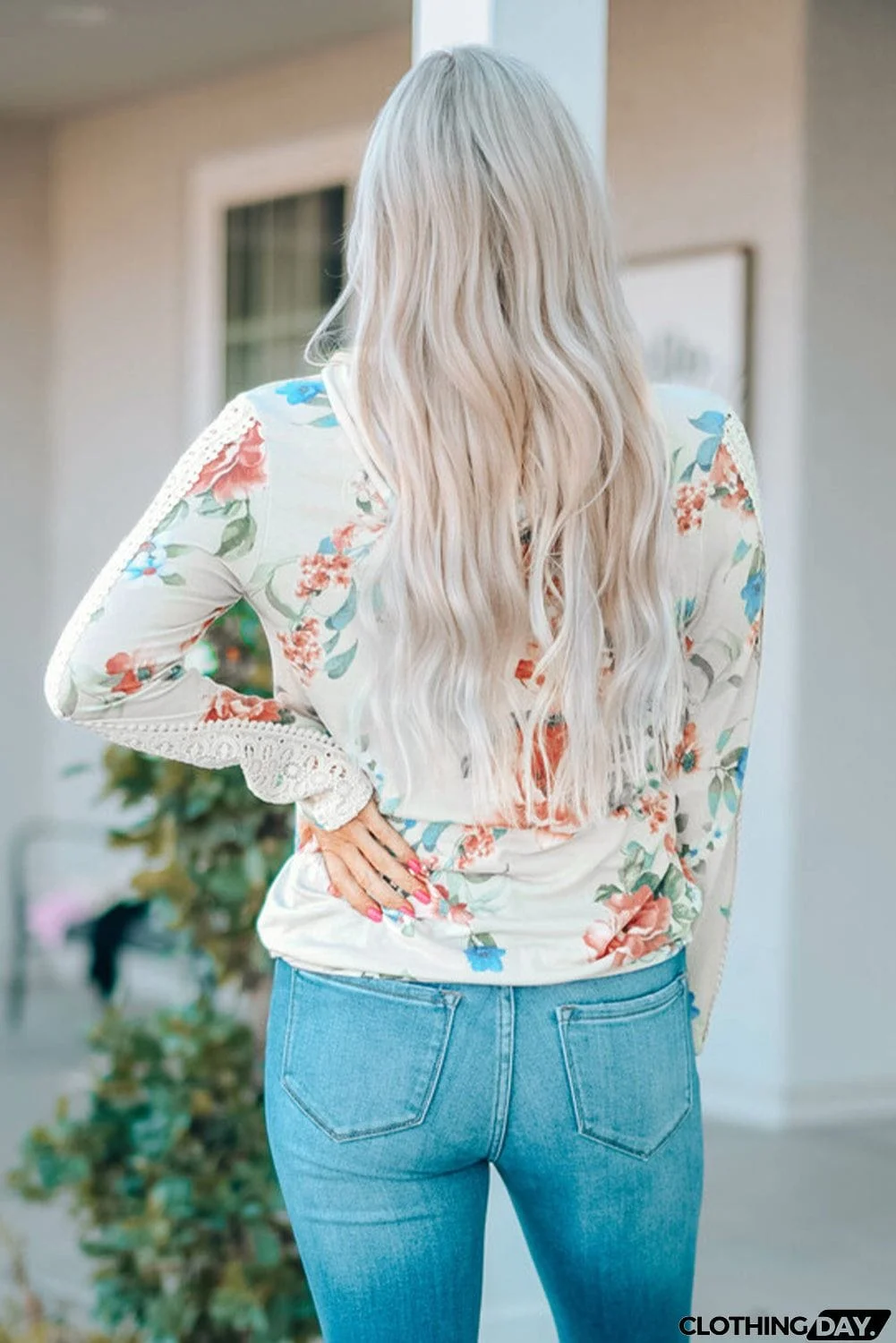 Apricot Floral Print Lace Contrast Long Sleeve Hoodie