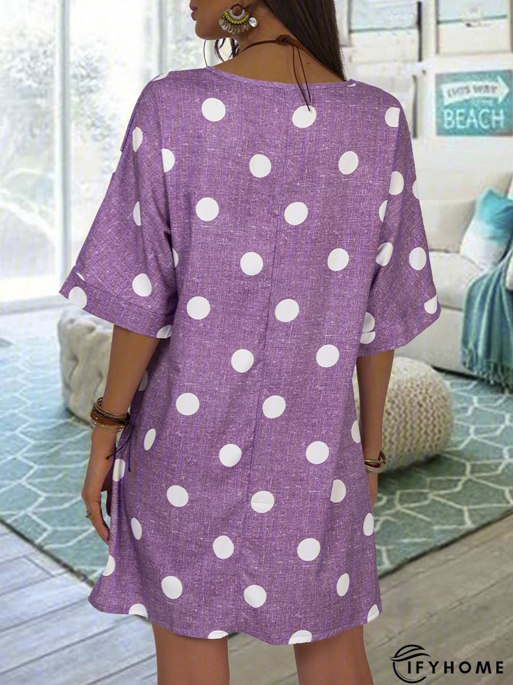 Polka Dots Cotton Crew Neck Loose Causal Dress | IFYHOME