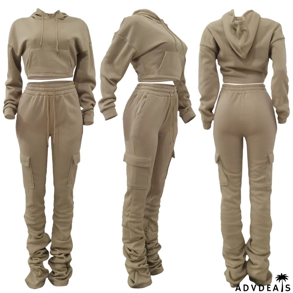 Solid Fleece Hoodie Top Pile Pants Casual Two Piece Sets