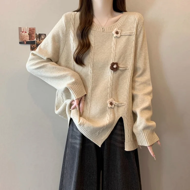 Athvotar Athvotar Women's Sweater 2025 Autumn And Winter New Gentle Milk Jacket Sweet Round Collar Flowers Three-Dimensional Decorative Knitwear