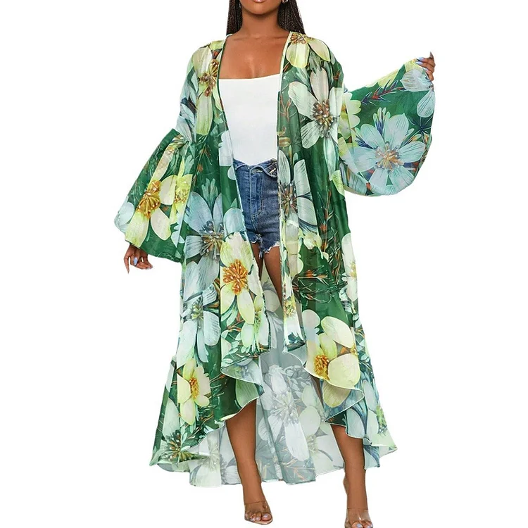 Casual Lantern Sleeve Irregular Hem Long Printed Outer Cardigan