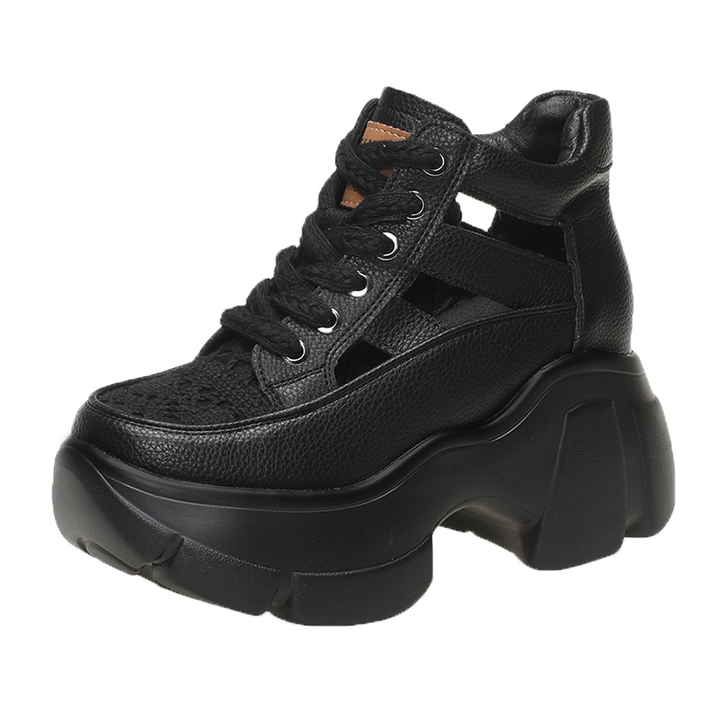 New Baotou Hollow Leather Lace-up Thick Sole Women Sandals Retro Wedge Cover Heel Rome Shoes Black White Sandalias Mujer | Luckystarquest