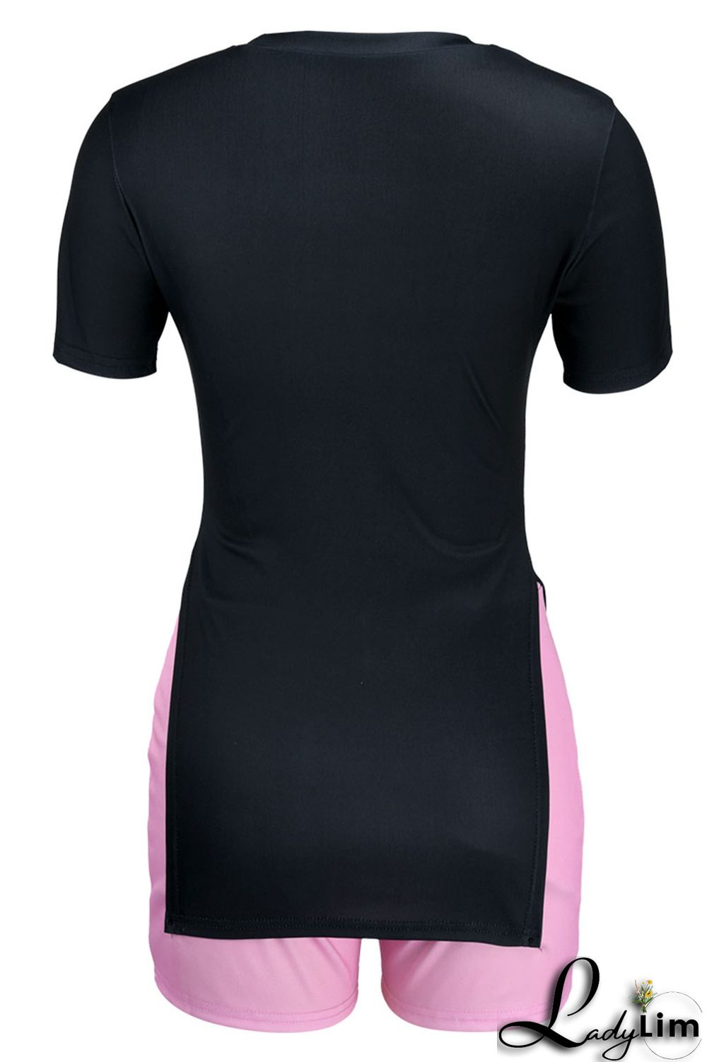 Black Casual Print Split Joint Slit O Neck Short Sleeve Two Pieces