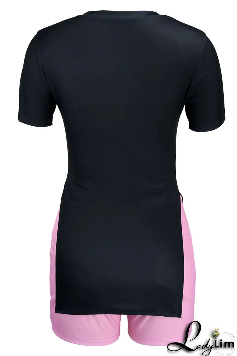 Black Casual Print Split Joint Slit O Neck Short Sleeve Two Pieces