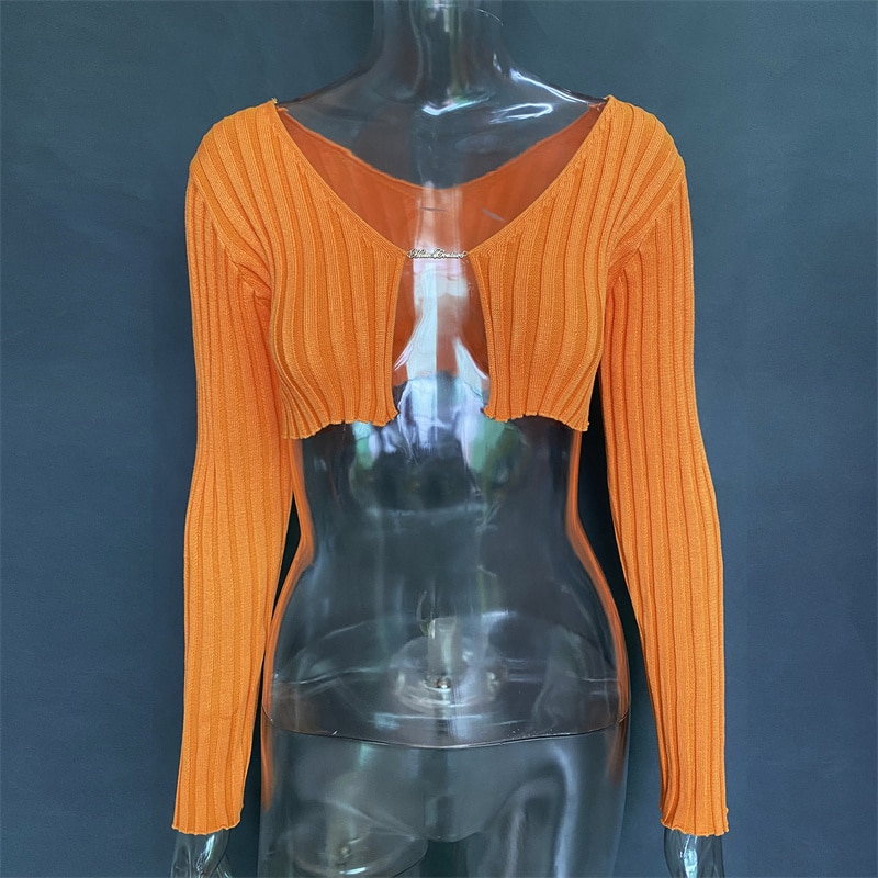 Ootddress Sexy Knitted Long Sleeve Cardigan Sweaters for Women Casual Shirts Ladies Ribbed Knit Cropped Tops Pullovers Femme 2025