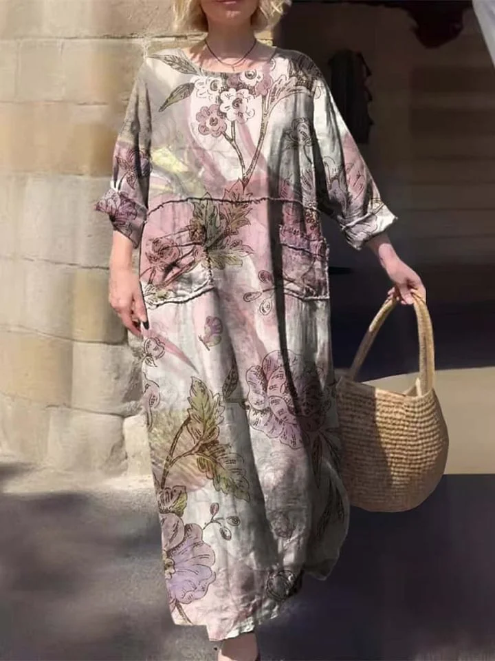Women's Printed Pocket Round Neck Cotton Dress