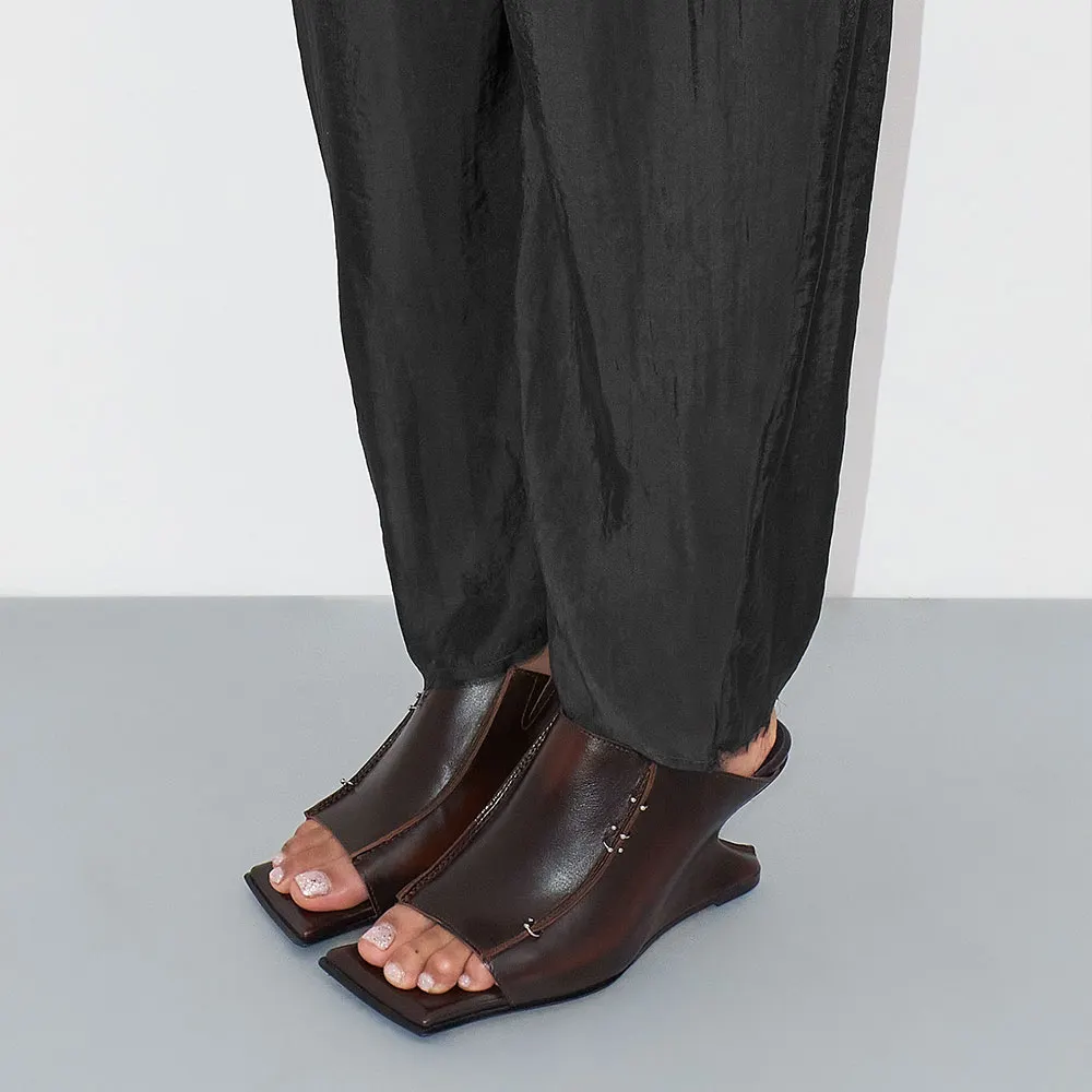 Distressed Brown Wedge Heel Mules Sandals with Silver Piercings