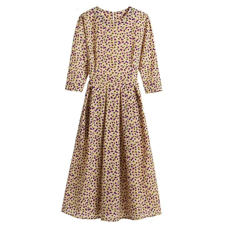 Aachoae Printed Dress For Women 2021 Vintage Three Quarter Sleeve Draped Dress Autumn Round Neck A-line Midi Dresses Vestido