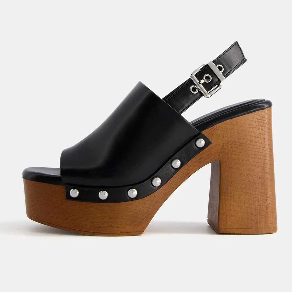 Black Studs Buckle Open Toe Platform Heeled Clogs with Slingback