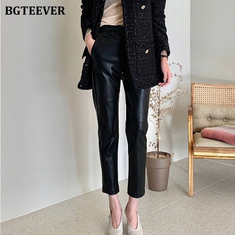 BGTEEVER MIidi Waist Spliced Loose Leather Pants Women Autumn Solid Zipper PU Leather Trousers Women Straight Pants Female 2020