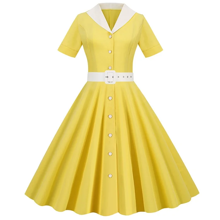 Vintage Turn-down Collar Blue Summer Dress Women Elegant Short Sleeve Solid Office Party Midi Sundres A-line High Waist Vestidos