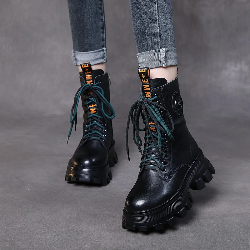 Yyvonne Layer Of Cowhide Martin Boots Autumn And Winter Plus Velvet Warm New Pine Cake Bottom Zipper Locomotive Boots