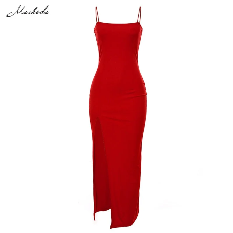 Macheda Autumn Women Spaghetti Strap Party Dress Sexy Split Solid Slim Lady Ankle Fashion Length Vintage Wear Dresses New