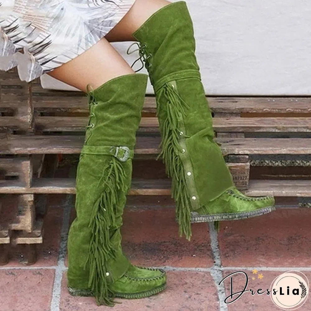 Winter Women Faux Suede Tassel Boots Fashion Ethnic Fringe Boho Long Boots Flat Heel Knee High Boots