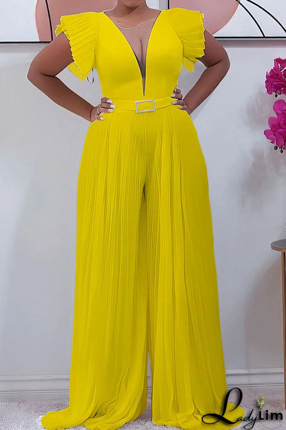 Yellow Elegant Solid Split Joint Fold V Neck Loose Jumpsuits