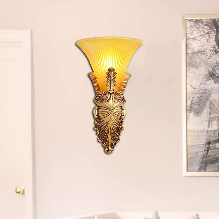 1 Head Wall Lamp with Bell Shade Yellow Glass and Resin Lodge Style Bedroom Wall Sconce in Gold