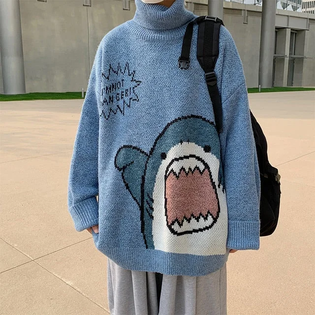 Aonga Men Turtlenecks Shark Sweater Men 2024 Spring Patchwor Harajuku Korean Style High Neck Oversized Grey Turtleneck For Men