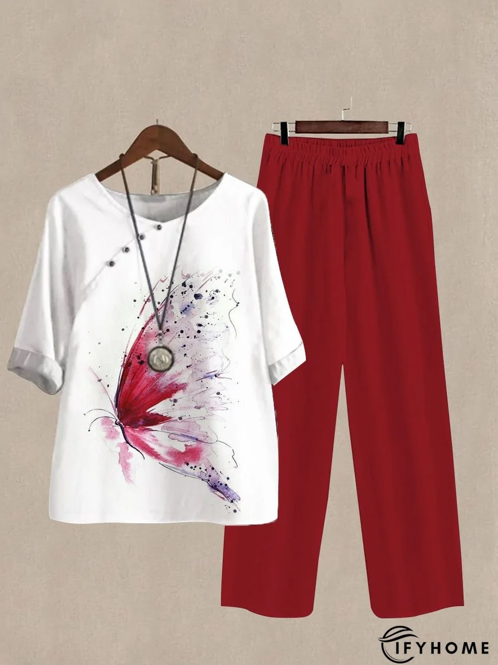 Women's Watercolor Painting Print Half Sleeve Top And Wide Leg Pants Two Piece | IFYHOME